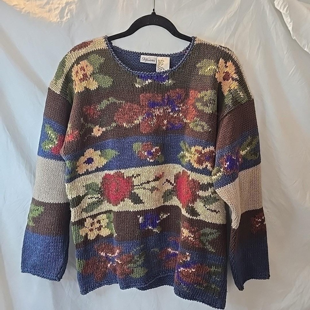 Vintage Styleworks Chunky-knit Fall Autumn Floral Sweater Grandmacore Oversize S